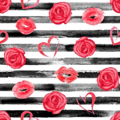 Behang Rose rode hartjes en lippen print