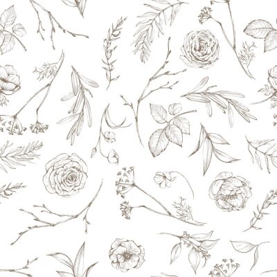 Behang Rosebuds bloemen en grafische bladeren