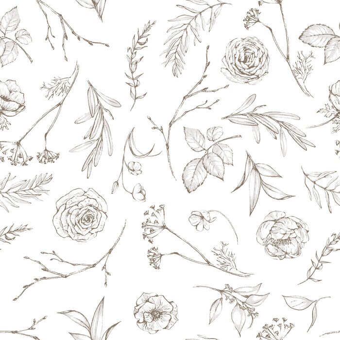 Behang Rosebuds bloemen en grafische bladeren