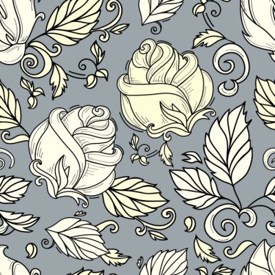 Behang Rosebuds en bladeren blauwe achtergrond