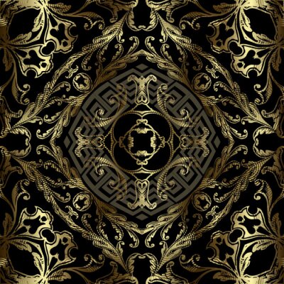 Behang Royal gold 3d vintage vector seamless pattern. Floral grunge Baroque style background. Repeat backdrop. Modern greek key meander golden ornament. Golden frames, mandalas, shapes, flowers, leaves