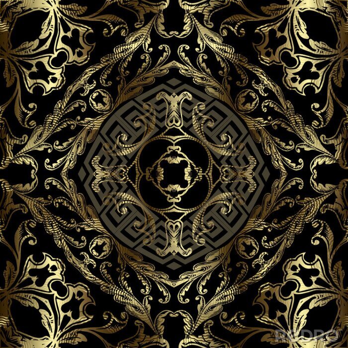 Behang Royal gold 3d vintage vector seamless pattern. Floral grunge Baroque style background. Repeat backdrop. Modern greek key meander golden ornament. Golden frames, mandalas, shapes, flowers, leaves