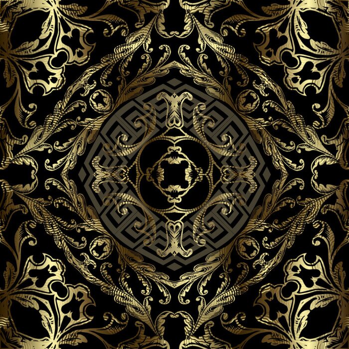 Behang Royal gold 3d vintage vector seamless pattern. Floral grunge Baroque style background. Repeat backdrop. Modern greek key meander golden ornament. Golden frames, mandalas, shapes, flowers, leaves