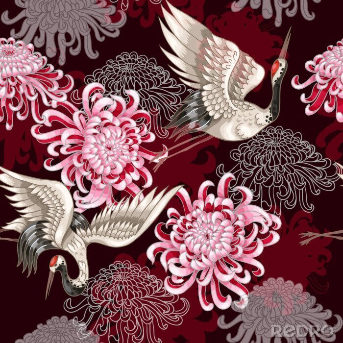 Behang Roze bloemen en kraanvogels in oosterse stijl