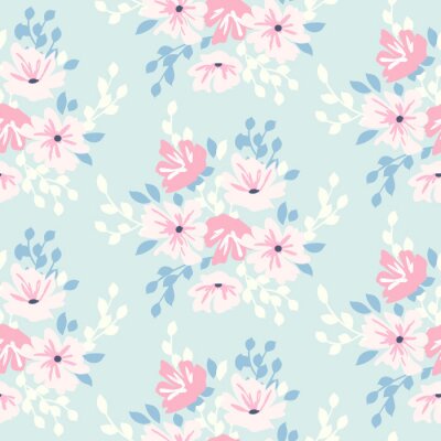 Behang Roze bloemen op een blauwe achtergrond in armoedige stijl