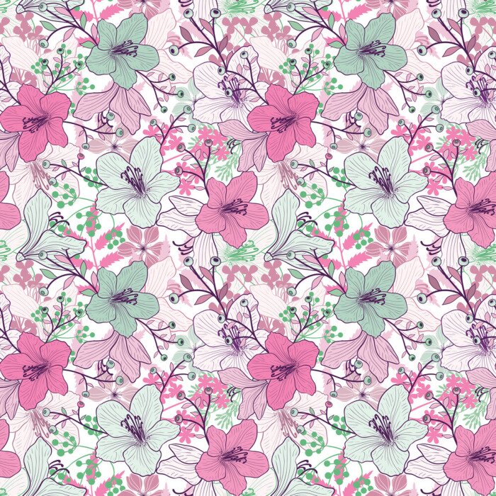 Behang Roze en blauw motief met orchideeën en bladeren