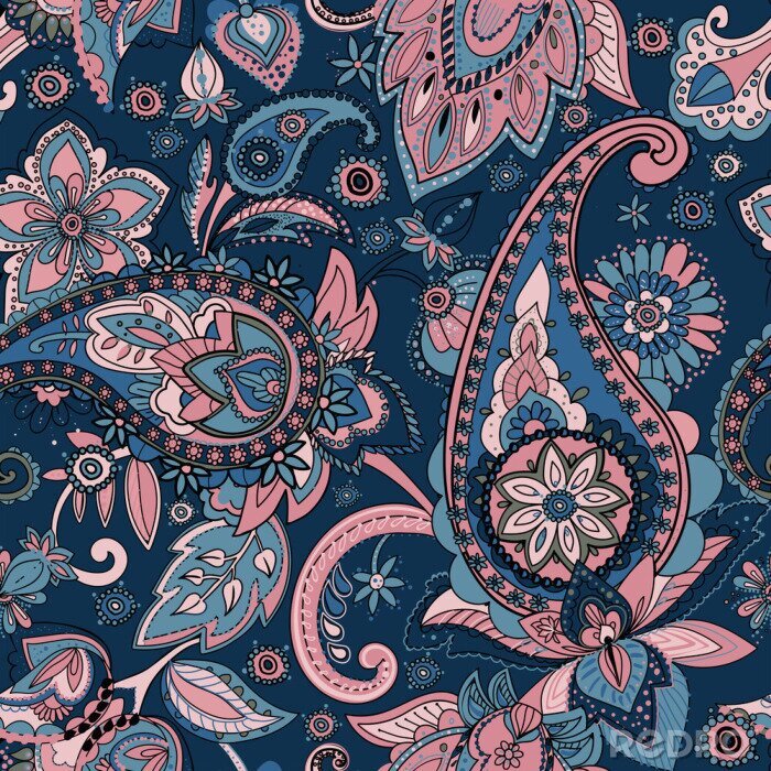 Behang Roze en blauwe oosterse bloemen