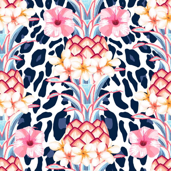 Behang Roze en blauwe tropische bloemen en bladeren