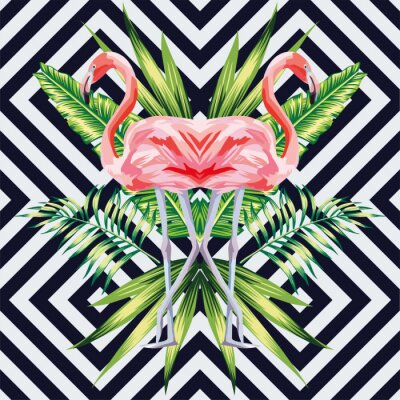 Behang roze flamingo met tropische bananenbladeren spiegel stijl