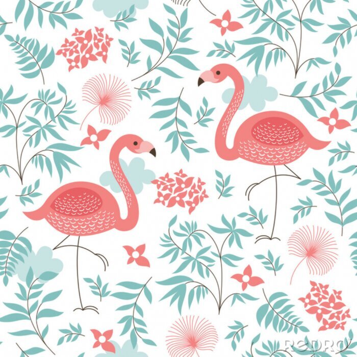 Behang Roze flamingo's bloemen en bladeren