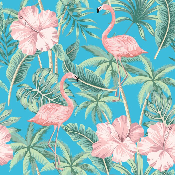 Behang Roze flamingo's en bloemen op een turquoise achtergrond