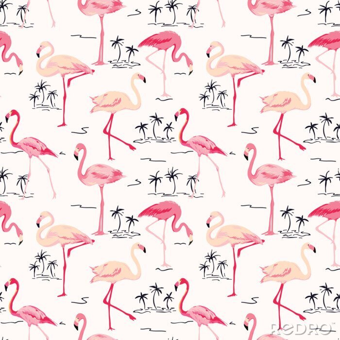 Behang Roze flamingo's en exotische palmbomen