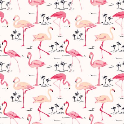 Behang Roze flamingo's en exotische palmbomen