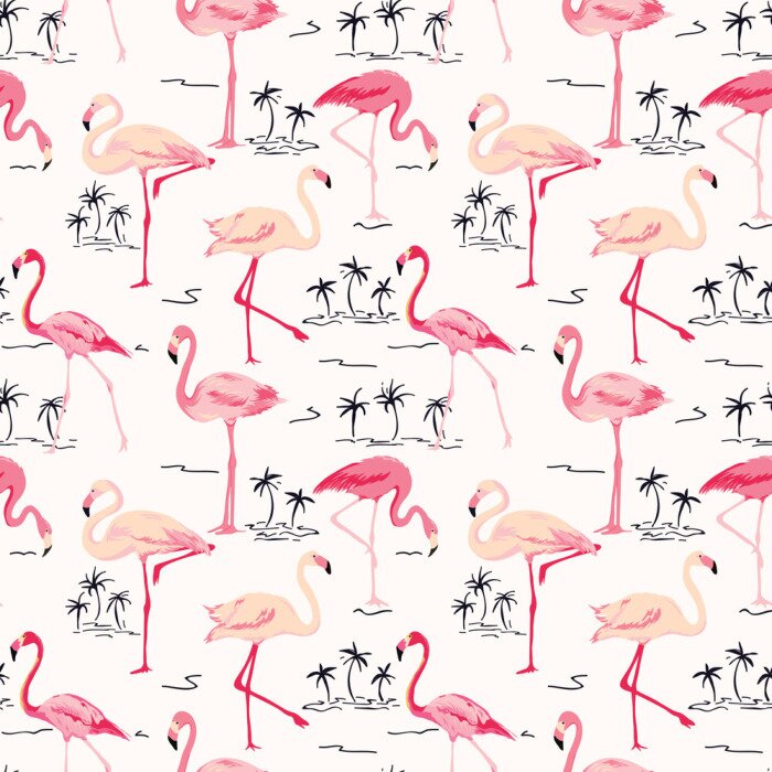 Behang Roze flamingo's en exotische palmbomen