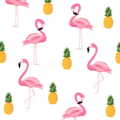 Behang Roze flamingo's en gele ananassen