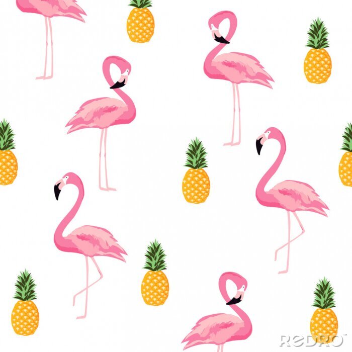 Behang Roze flamingo's en gele ananassen