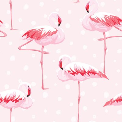 Behang Roze flamingo's en witte stippen