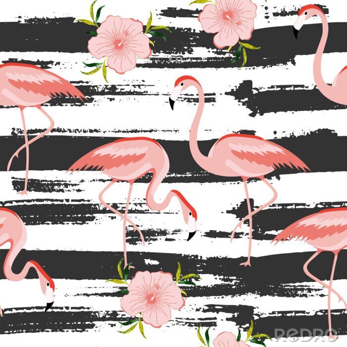 Behang Roze flamingo's en zwart-witte strepen