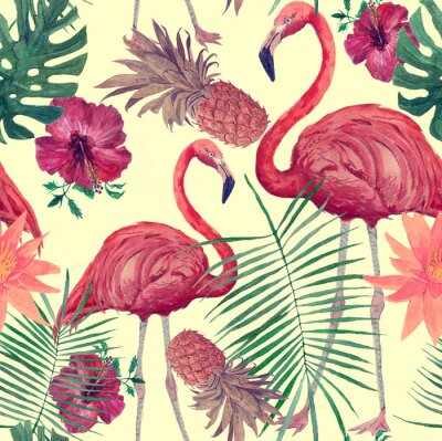 Behang Roze flamingo's in vintage stijl