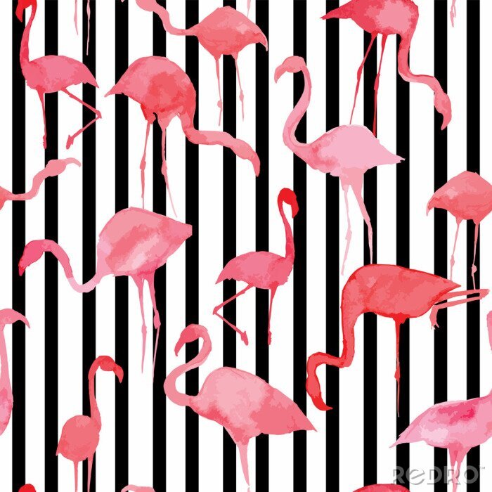 Behang Roze flamingo's op een achtergrond van strepen
