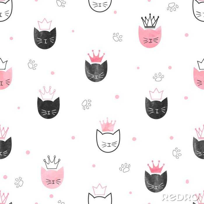 Behang Roze hoofdjes van kittens met kroontjes