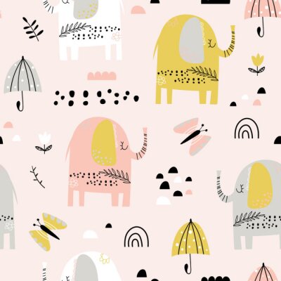 Behang Roze olifantenparaplu's en vlinders