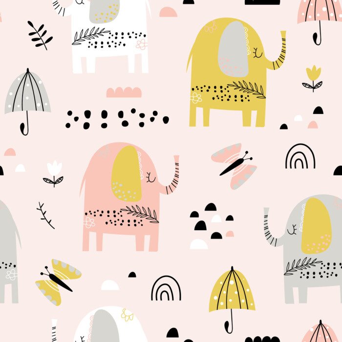Behang Roze olifantenparaplu's en vlinders