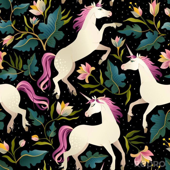 Behang Roze paarden eenhoorns bloemen en bladeren