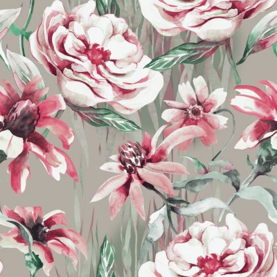 Behang Roze pioenrozen en coneflowers grijze achtergrond