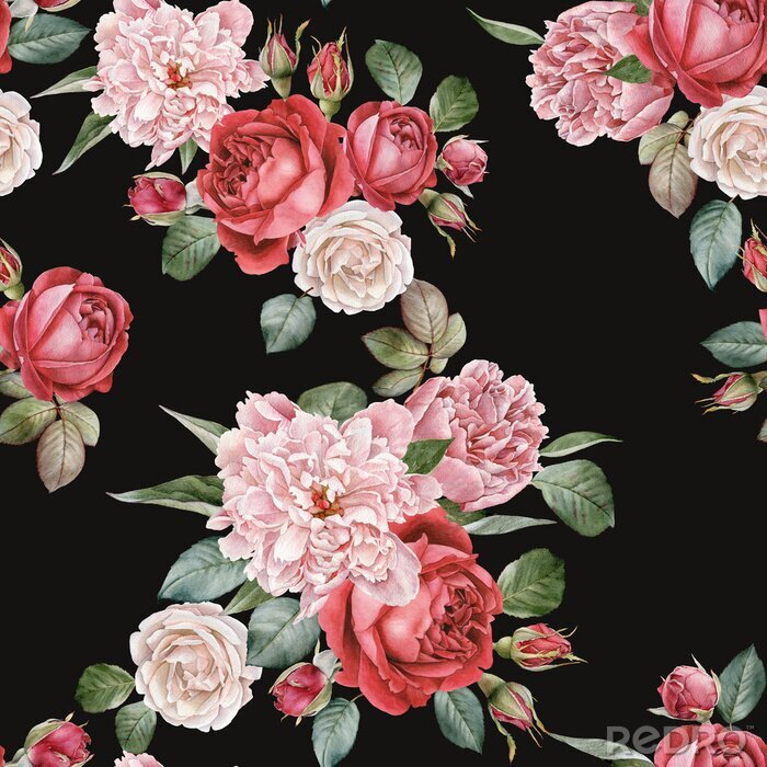 Behang Roze pioenrozen en rozen zwarte achtergrond
