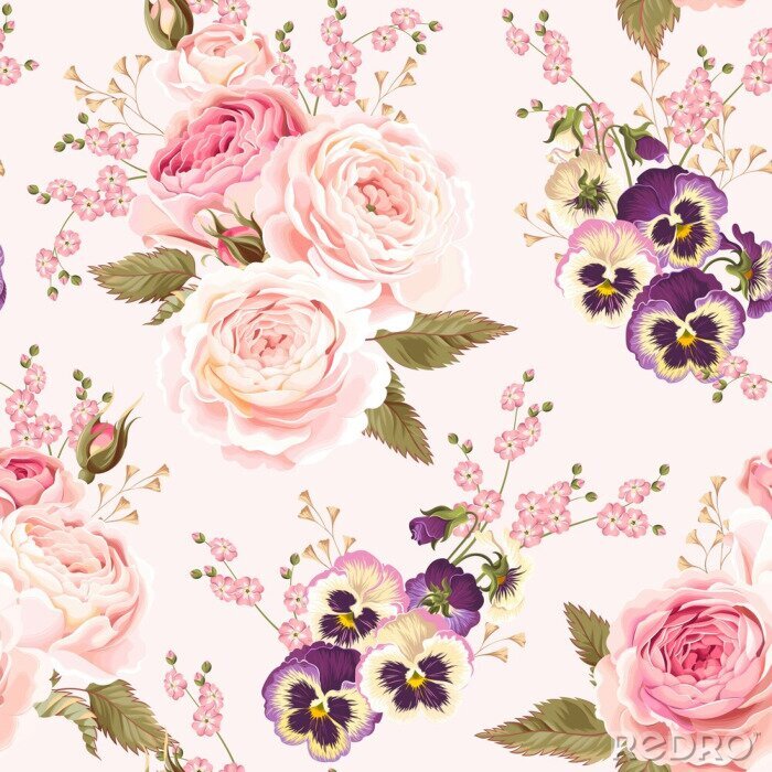 Behang Roze rozen en paarse viooltjes