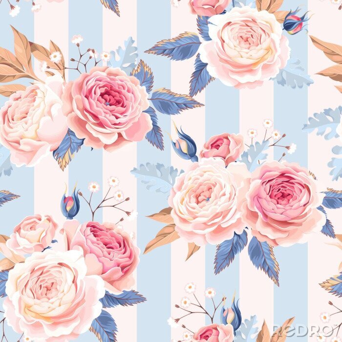 Behang Roze rozen met blauwe grafische bladeren