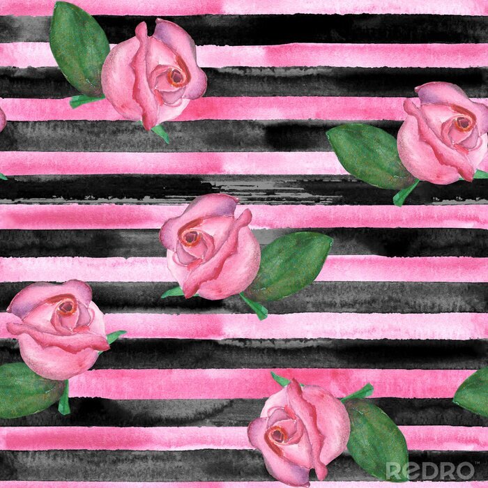Behang Roze rozen op horizontale strepen