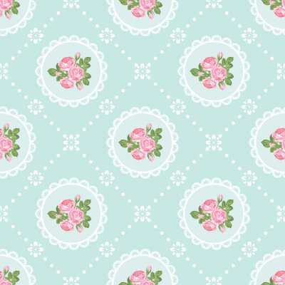 Behang Roze shabby chic bloemen op een turquoise achtergrond