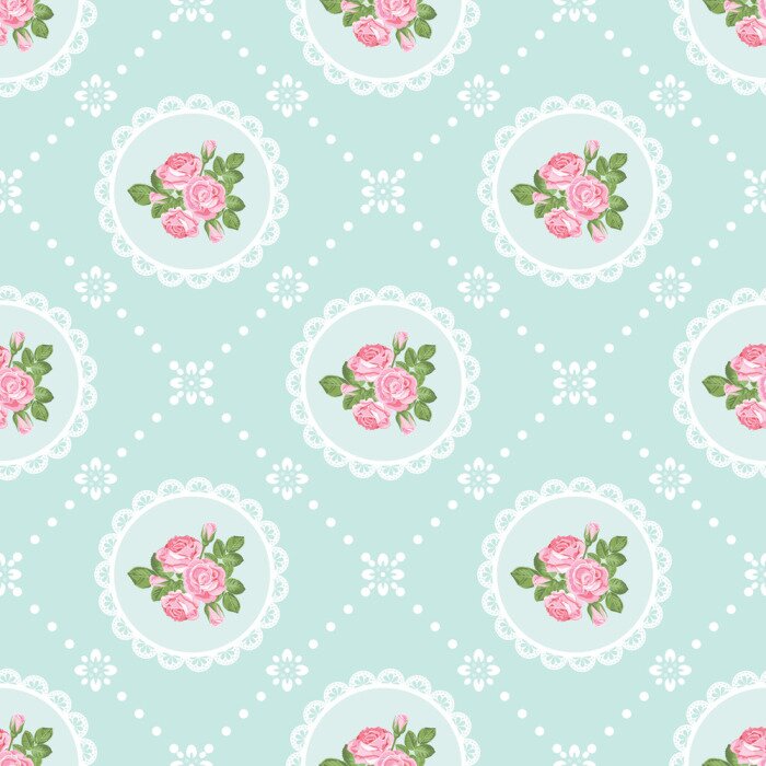 Behang Roze shabby chic bloemen op een turquoise achtergrond
