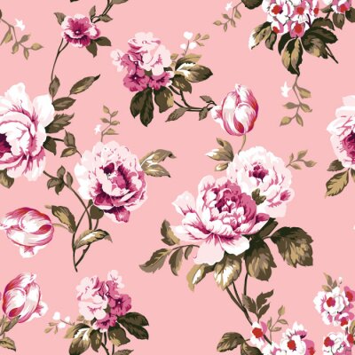 Behang Roze shabby chique rozen op een roze achtergrond