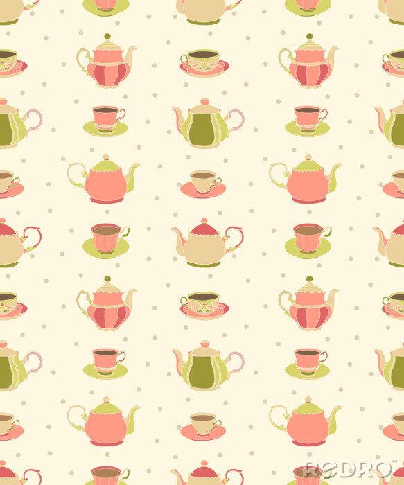 Behang Roze theepotten en kopjes