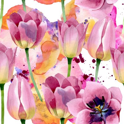 Behang Roze tulpen geschilderd in aquarel
