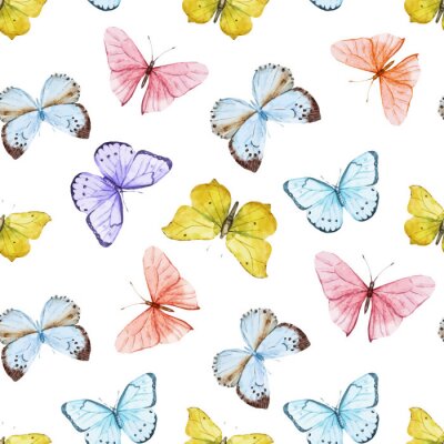 Behang Roze violet gele en blauwe vlinders