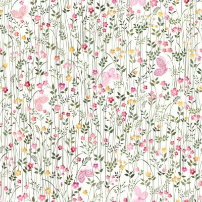 Behang Roze vlinders op een weiland met bloemen