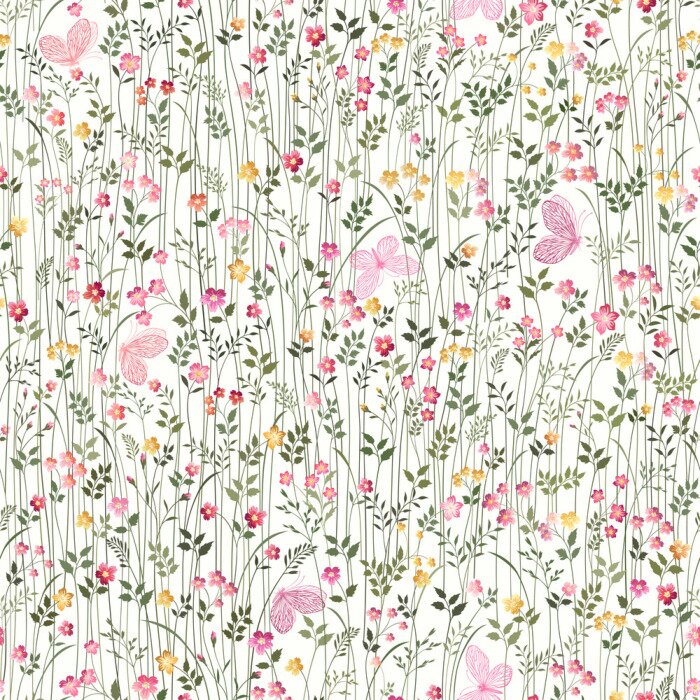 Behang Roze vlinders op een weiland met bloemen