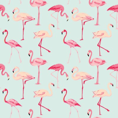 Behang Roze vogels op een blauwe achtergrond