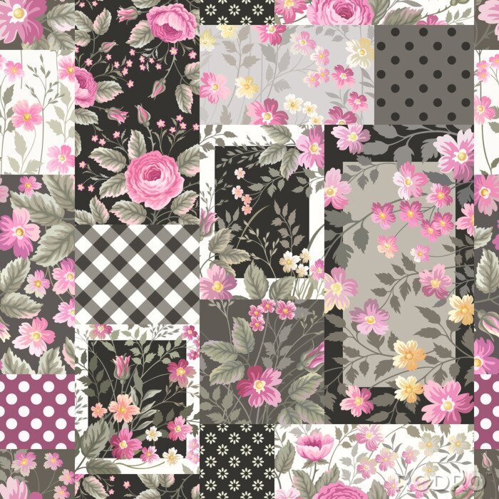 Behang Rozen en andere bloemen patchwork-stijl