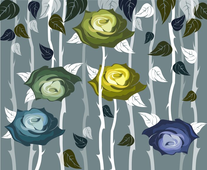 Behang Rozen in de kleuren groen en donkerblauw