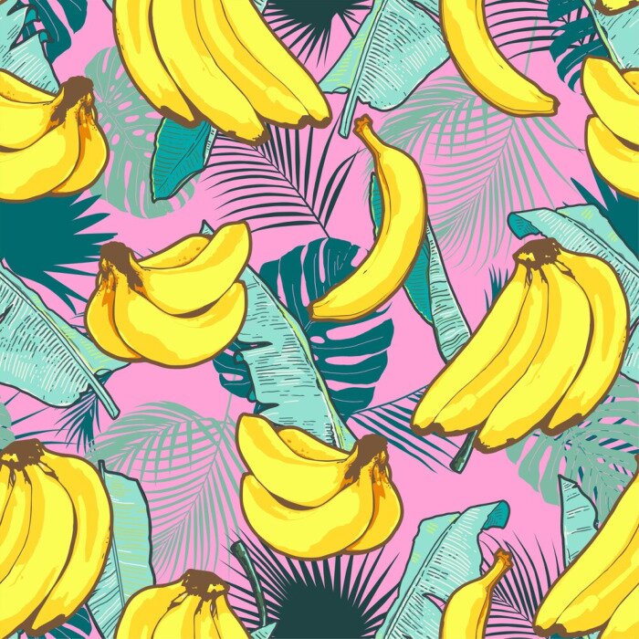 Behang Rozen met bananen in palmbladeren