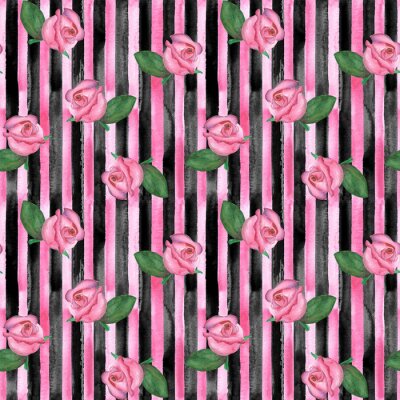 Behang Rozen op zwarte en roze strepen