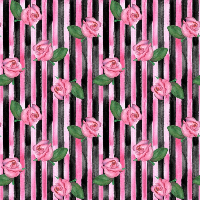 Behang Rozen op zwarte en roze strepen