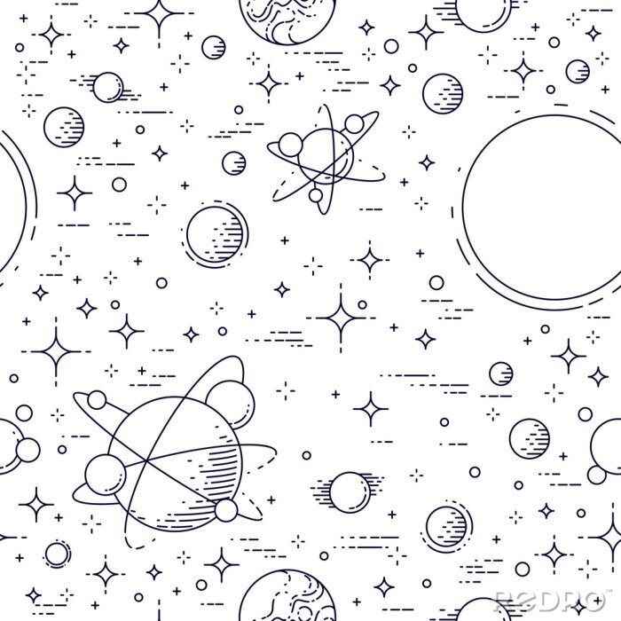 Behang Ruimte naadloze achtergrond met planeten, sterren, asteroïden en kometen, onontdekte melkweg kosmische fantastische en interessante textiel voor kinderen, eindeloze tegels patroon, vectorillustratie.