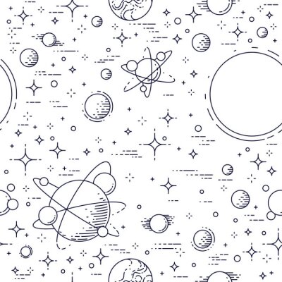 Behang Ruimte naadloze achtergrond met planeten, sterren, asteroïden en kometen, onontdekte melkweg kosmische fantastische en interessante textiel voor kinderen, eindeloze tegels patroon, vectorillustratie.