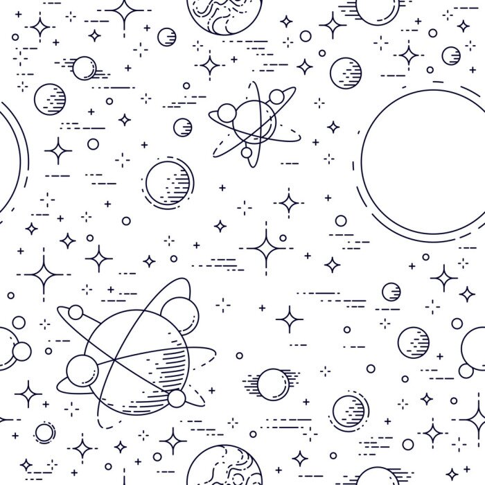 Behang Ruimte naadloze achtergrond met planeten, sterren, asteroïden en kometen, onontdekte melkweg kosmische fantastische en interessante textiel voor kinderen, eindeloze tegels patroon, vectorillustratie.
